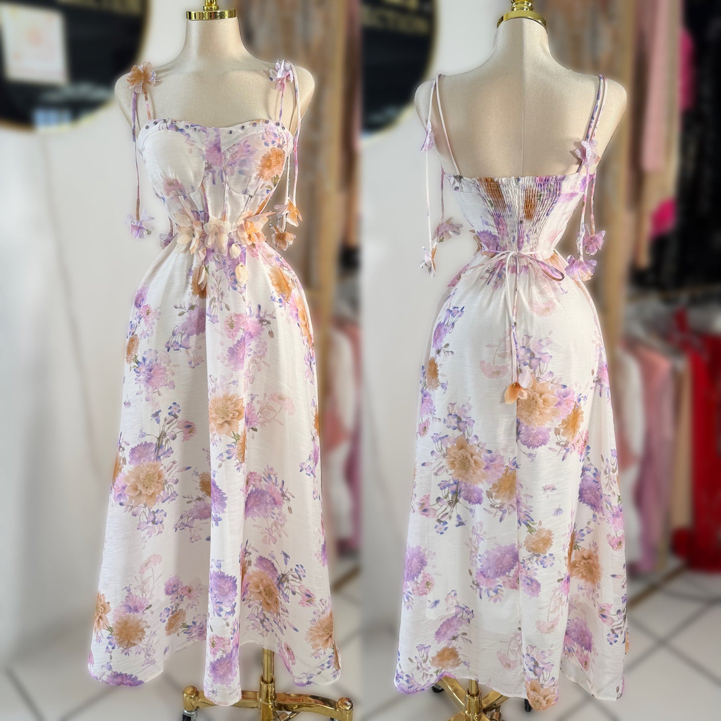 Vestido blanco flores y pedrería 🌷