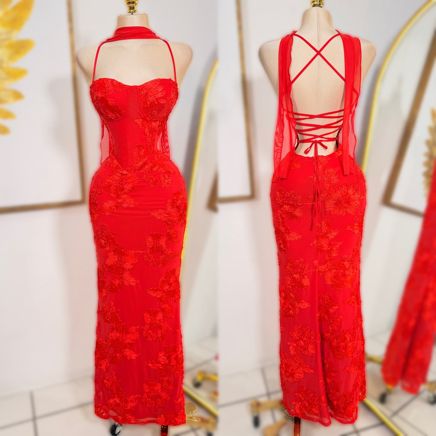 Vestido rojo corset bordado flores 🌹