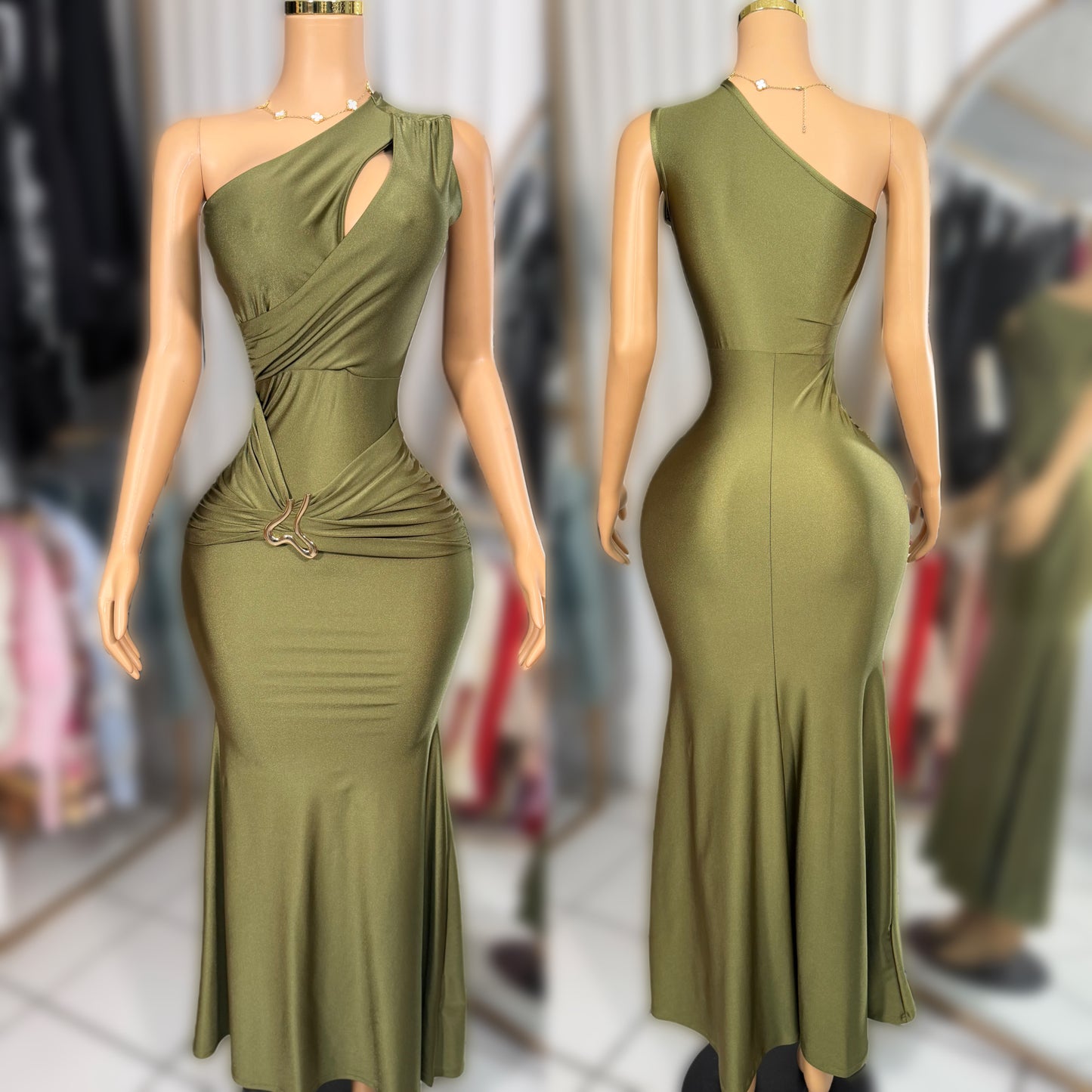 Vestido verde olivo broche dorado 💚✨