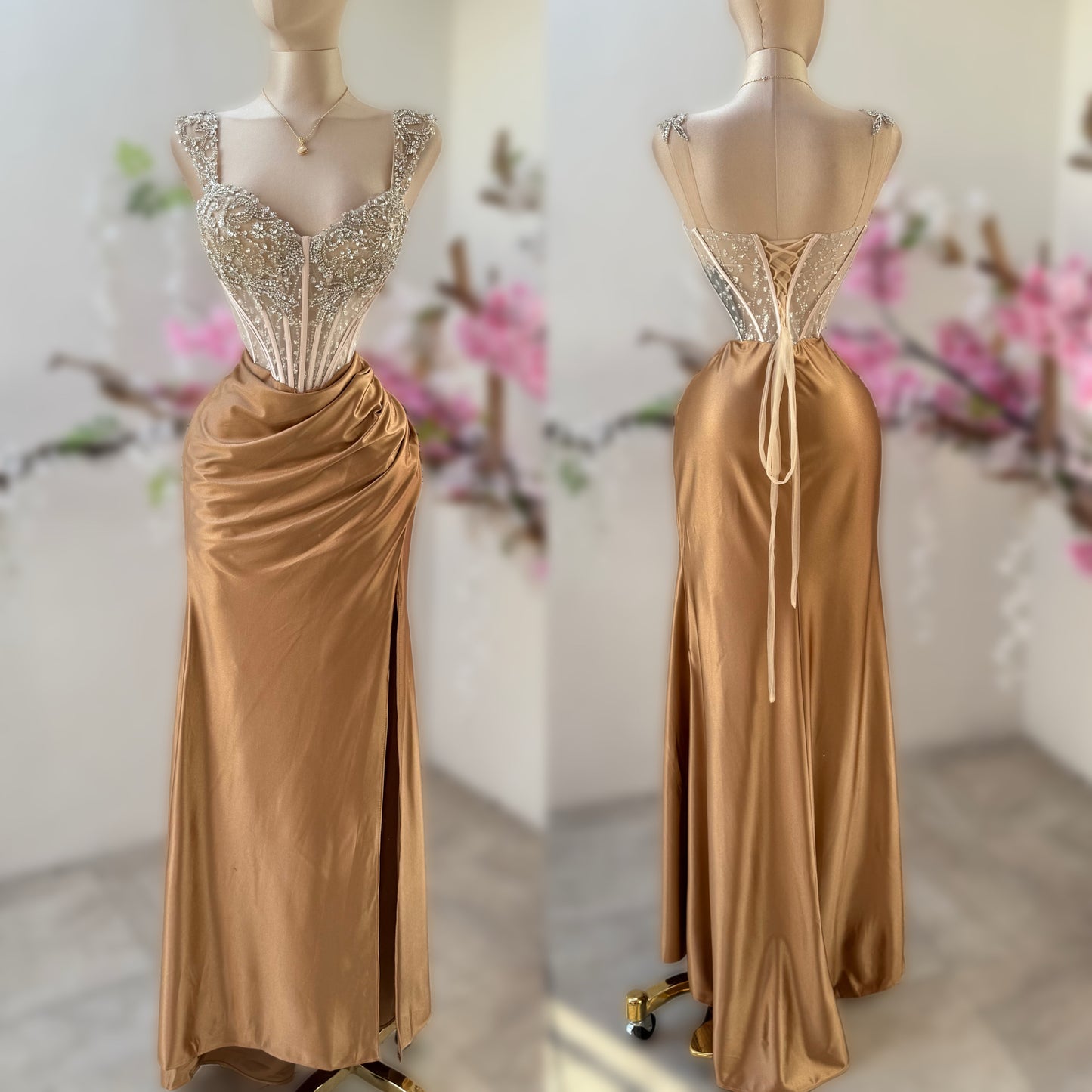 Vestido dorado corset pedrería 🌟
