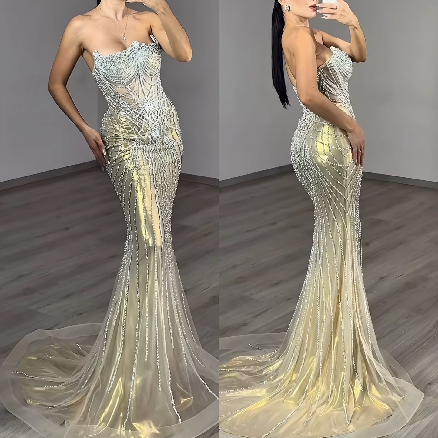 Vestido dorado pedrería plateada corset ✨