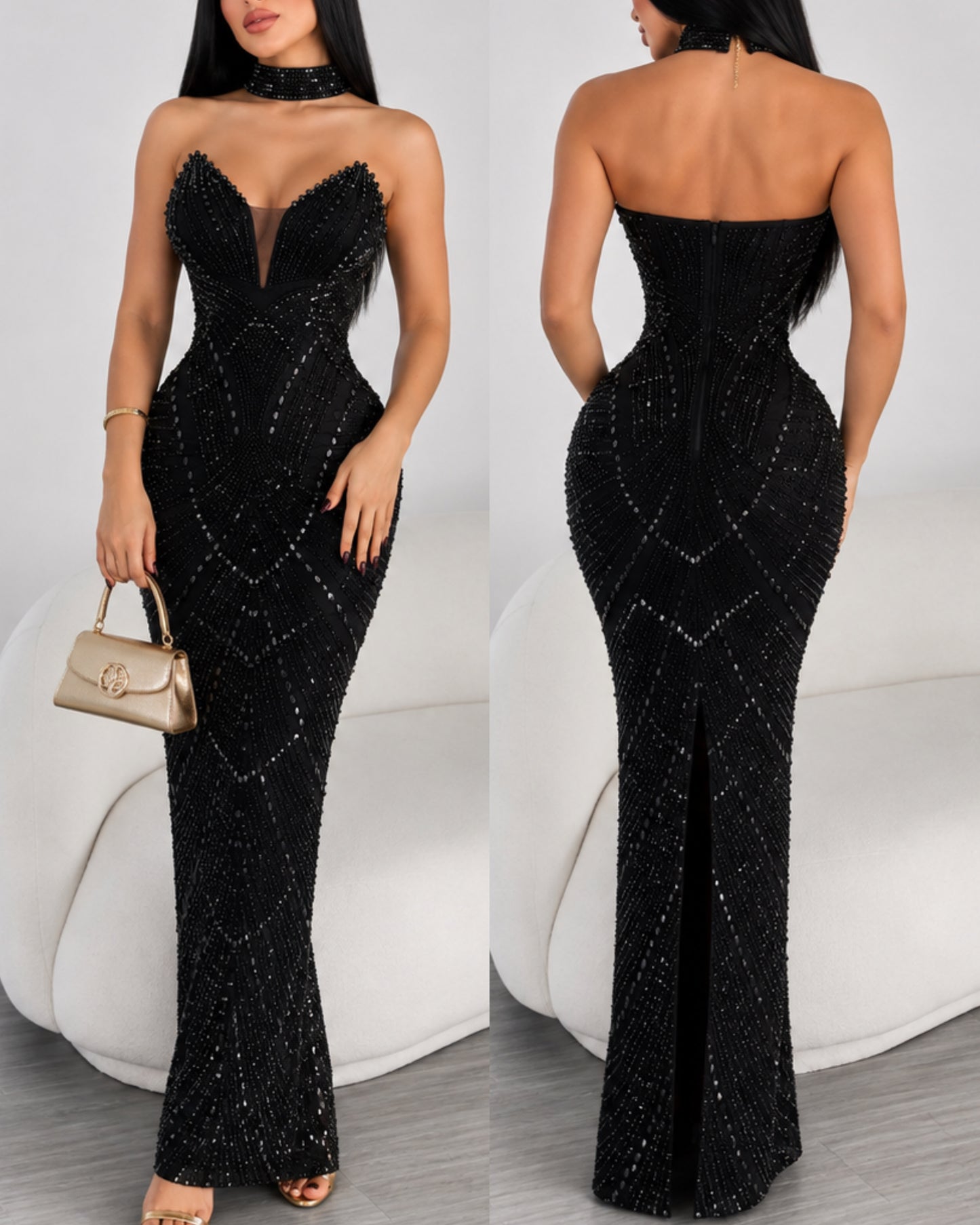Vestido negro perlas y pedrería collar 🖤✨