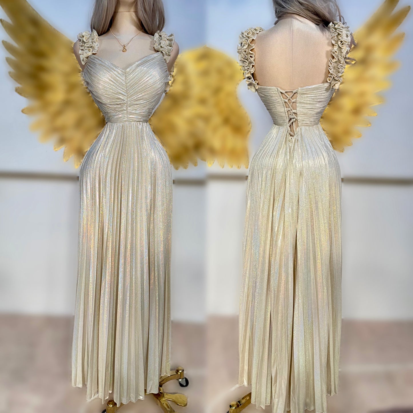 Vestido beige tornasol plisado✨