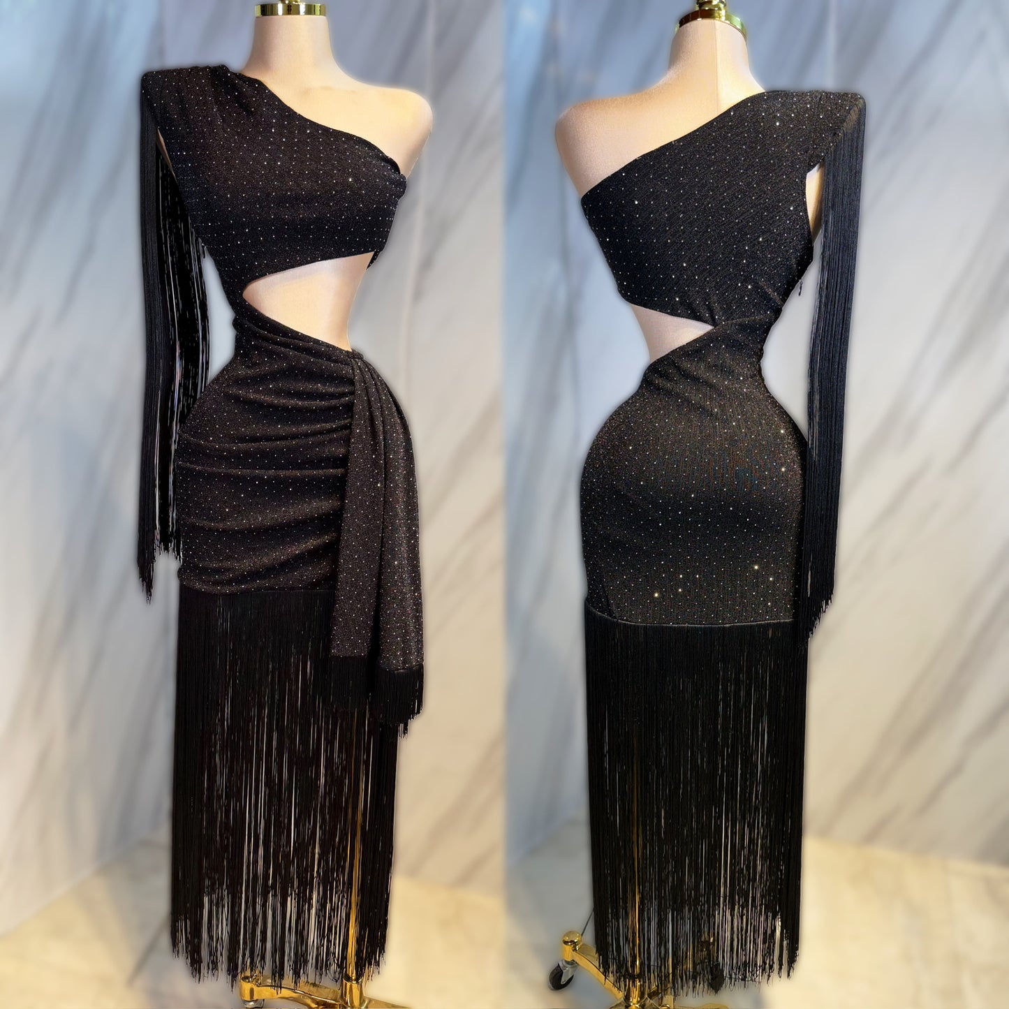 Vestido negro asimétrico pedrería 🖤