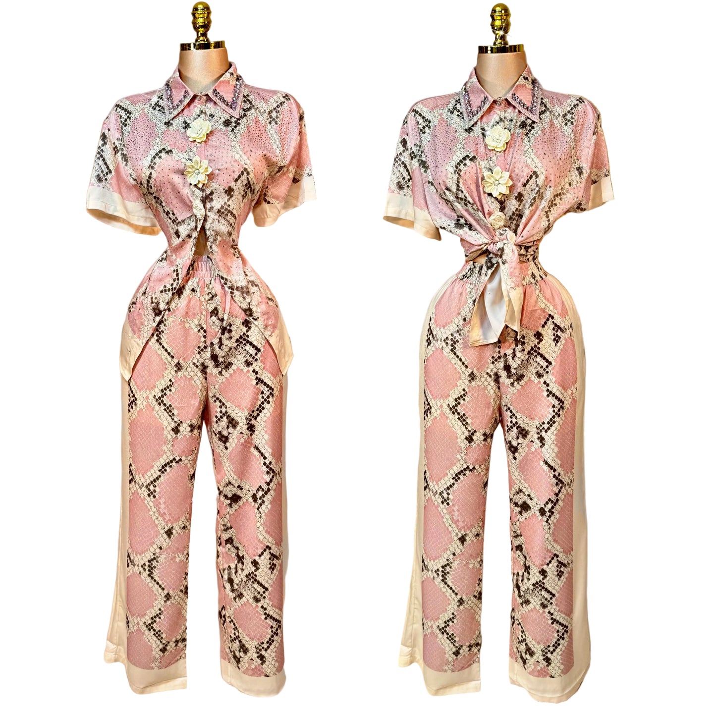 Conjunto rosa satín detalles en pedrería 🌸