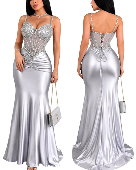 Vestido plateado pedrería corset 🩶