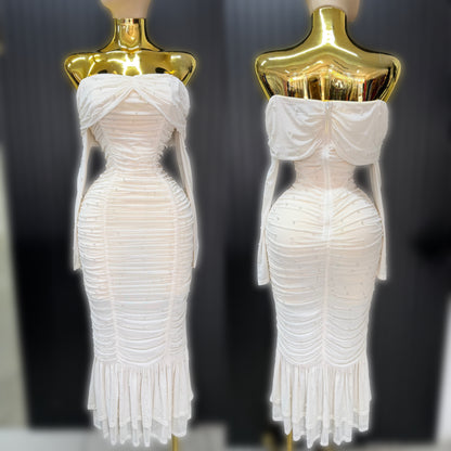 Vestido beige perlas mesh ✨