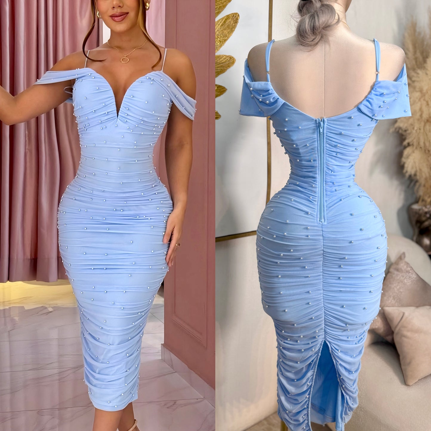Vestido azul mesh y perlas 🩵