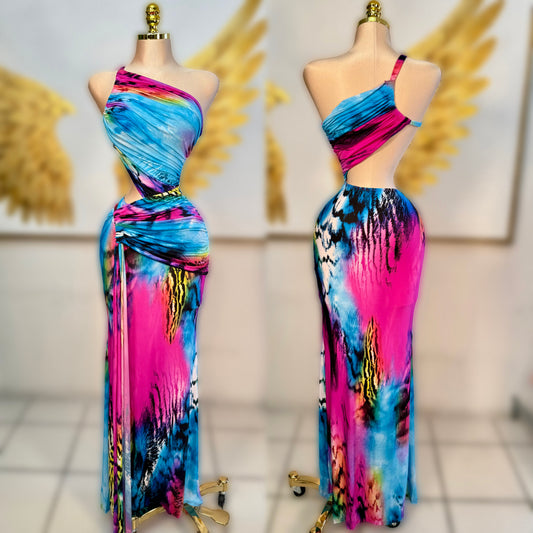 Vestido fucsia/azul asimétrico 💙