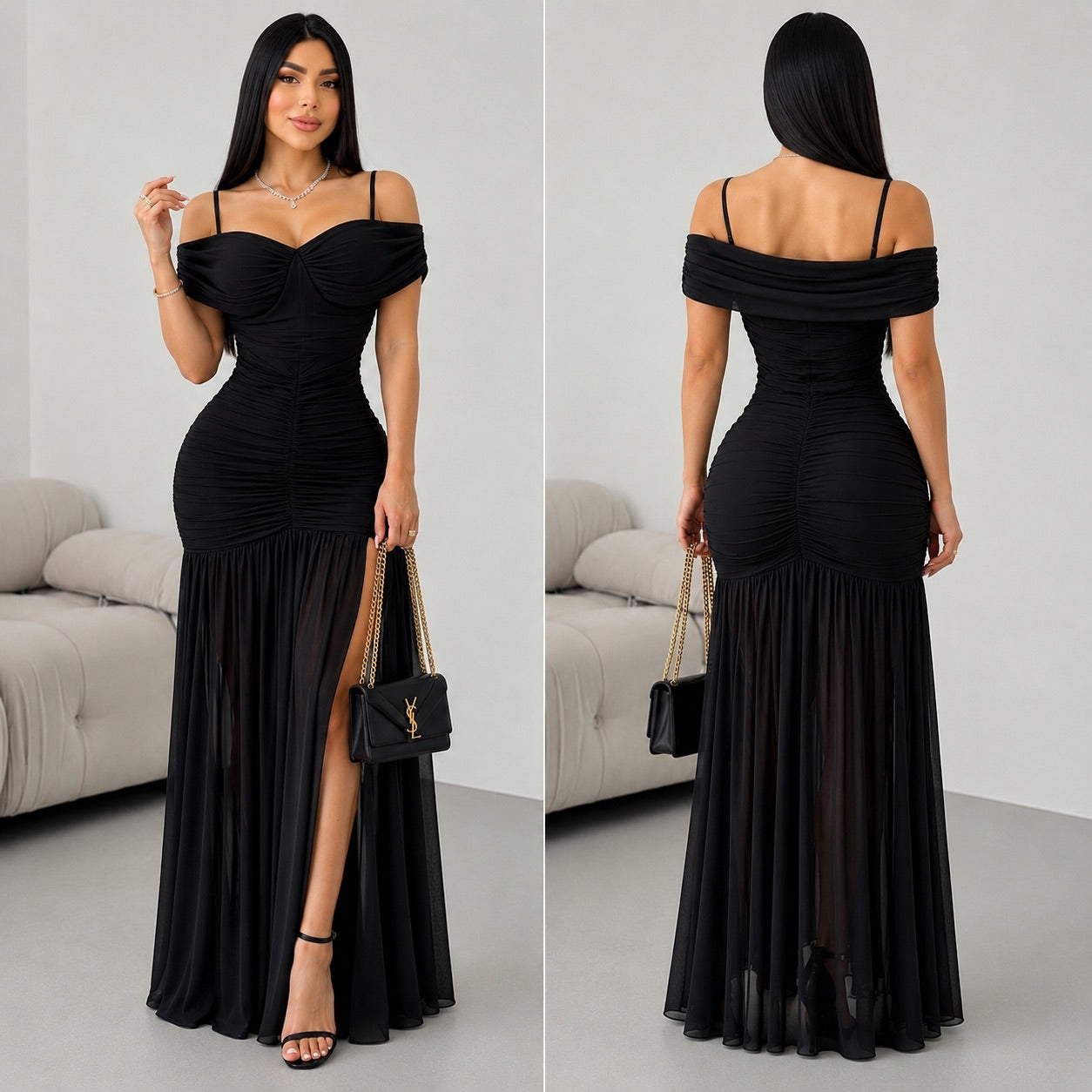 Vestido negro mesh mangas 🖤✨