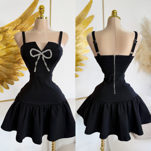 Vestido negro mezclilla & pedrería