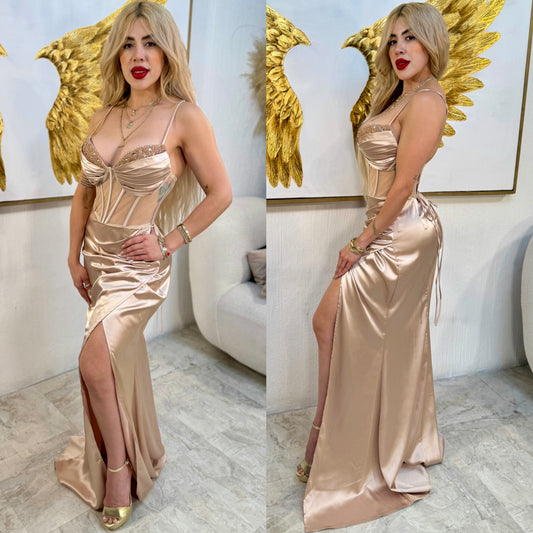 Vestido satín champán