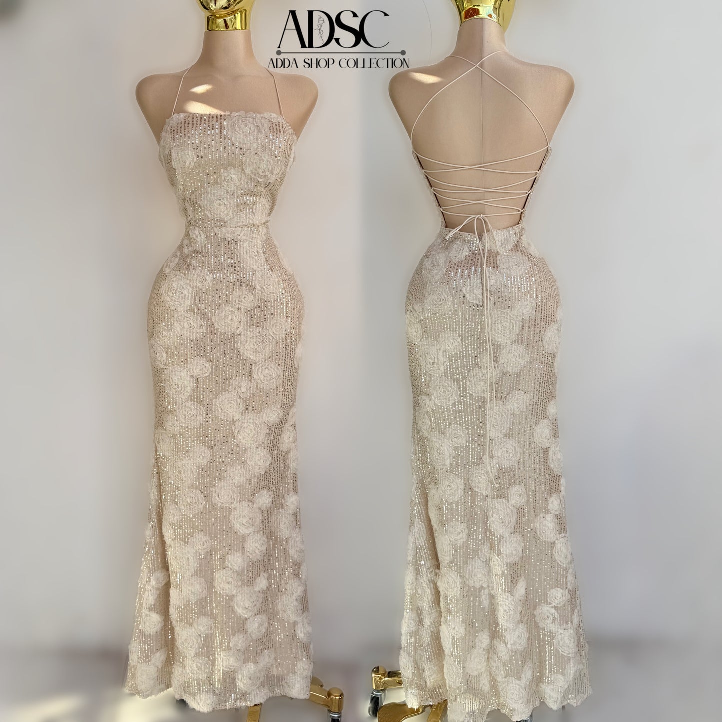 Vestido beige lentejuelas y flores 🤍