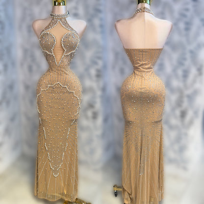 Vestido beige pedrería y perlas ✨