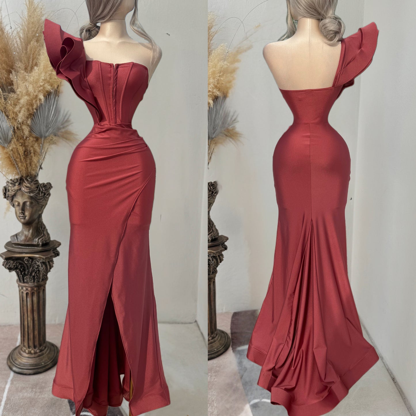 Vestido rojo toscano olán en hombro