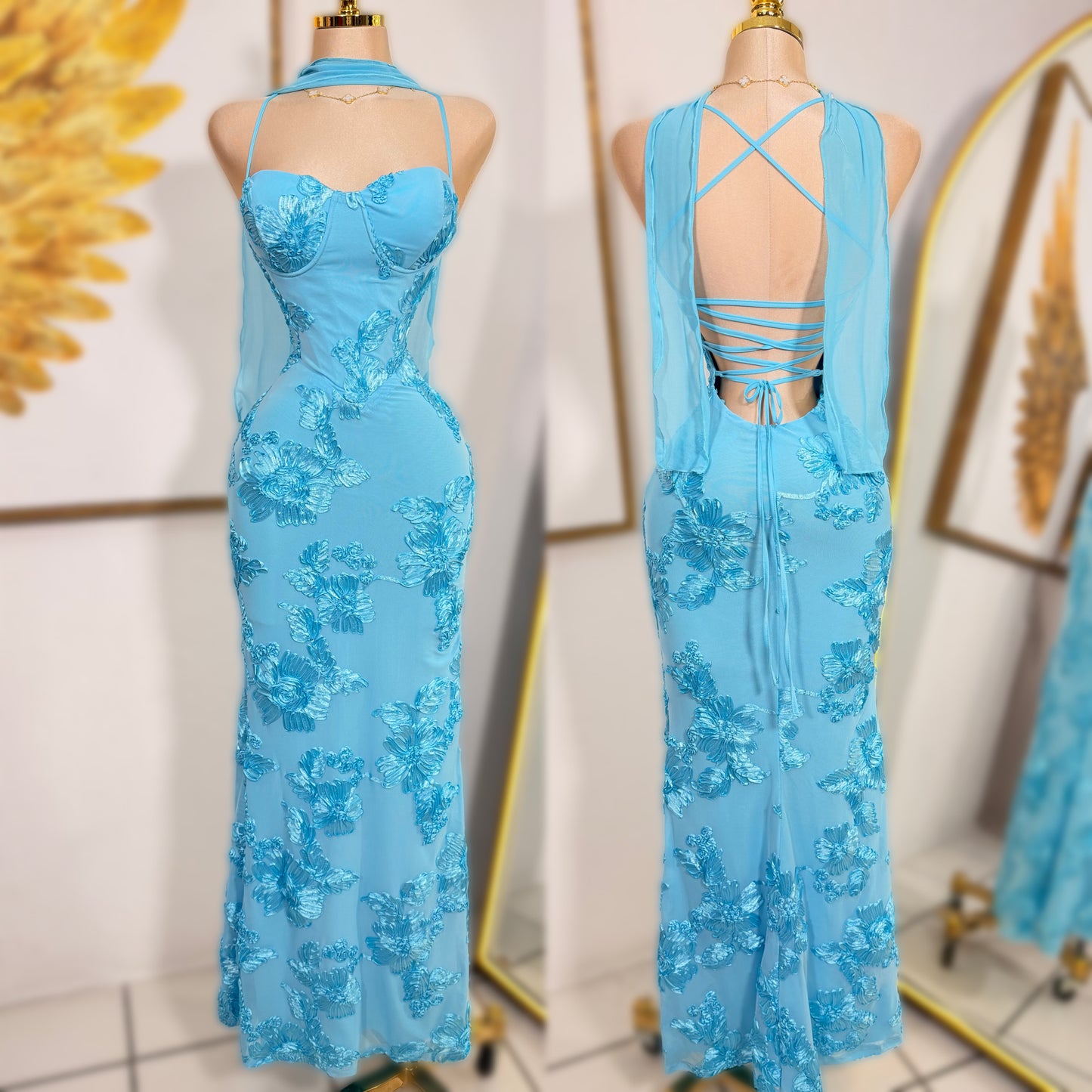 Vestido azul bordado flores 🩵