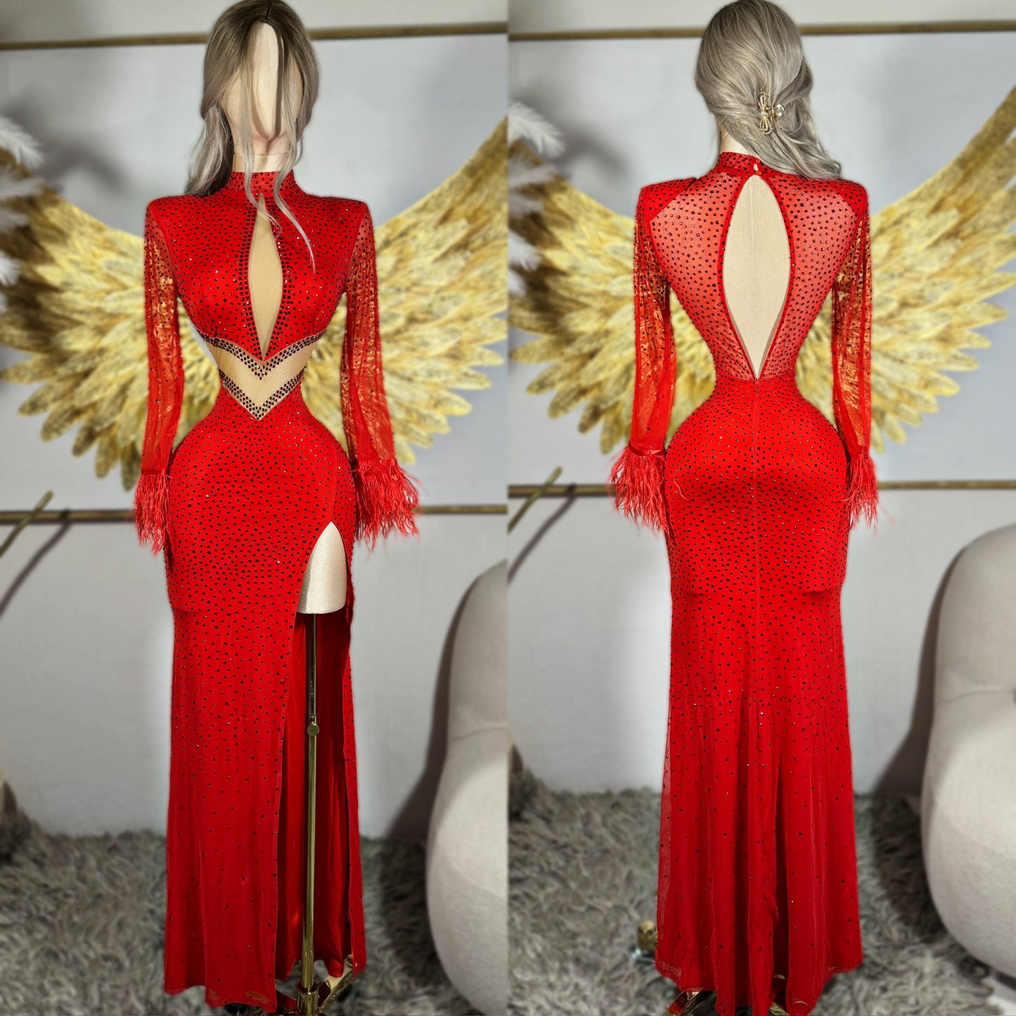 Vestido rojo pedrería y plumas ❤️