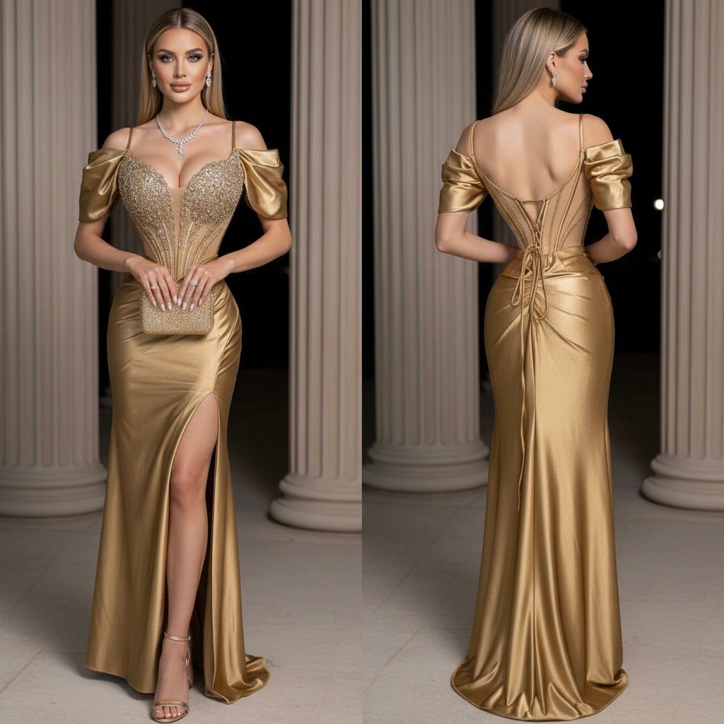 Vestido dorado pedrería corset 💛✨