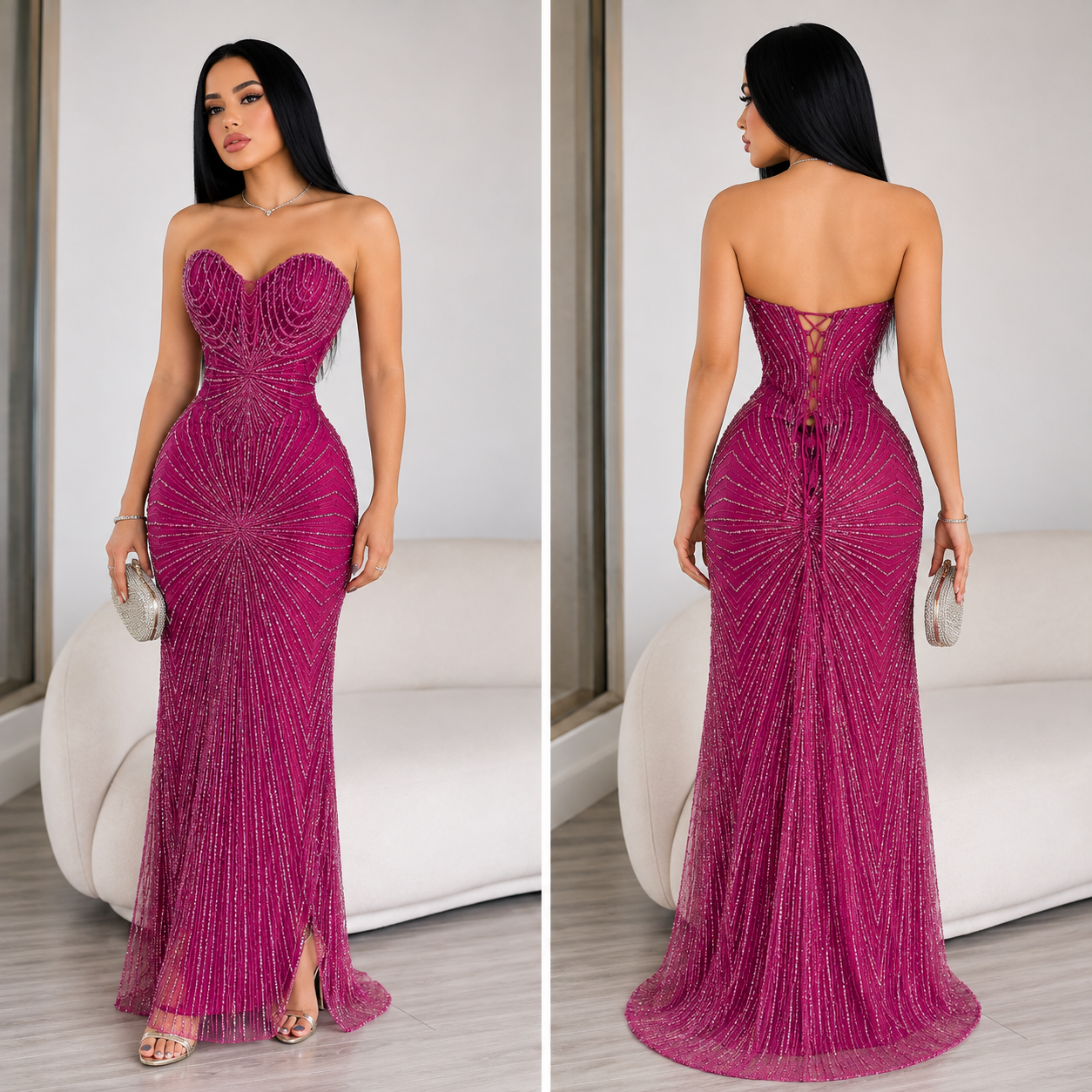 Vestido magenta pedrería corset 🩷✨