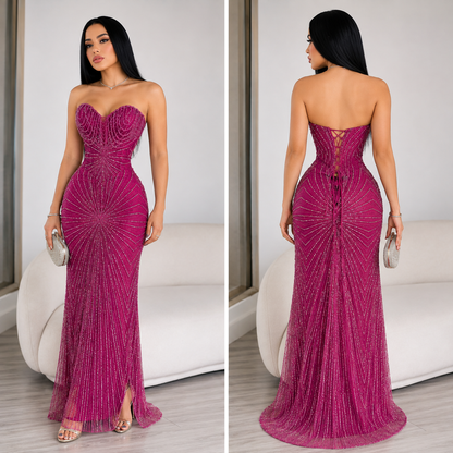 Vestido magenta pedrería corset 🩷✨