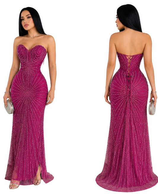 Vestido magenta pedrería corset 🩷✨