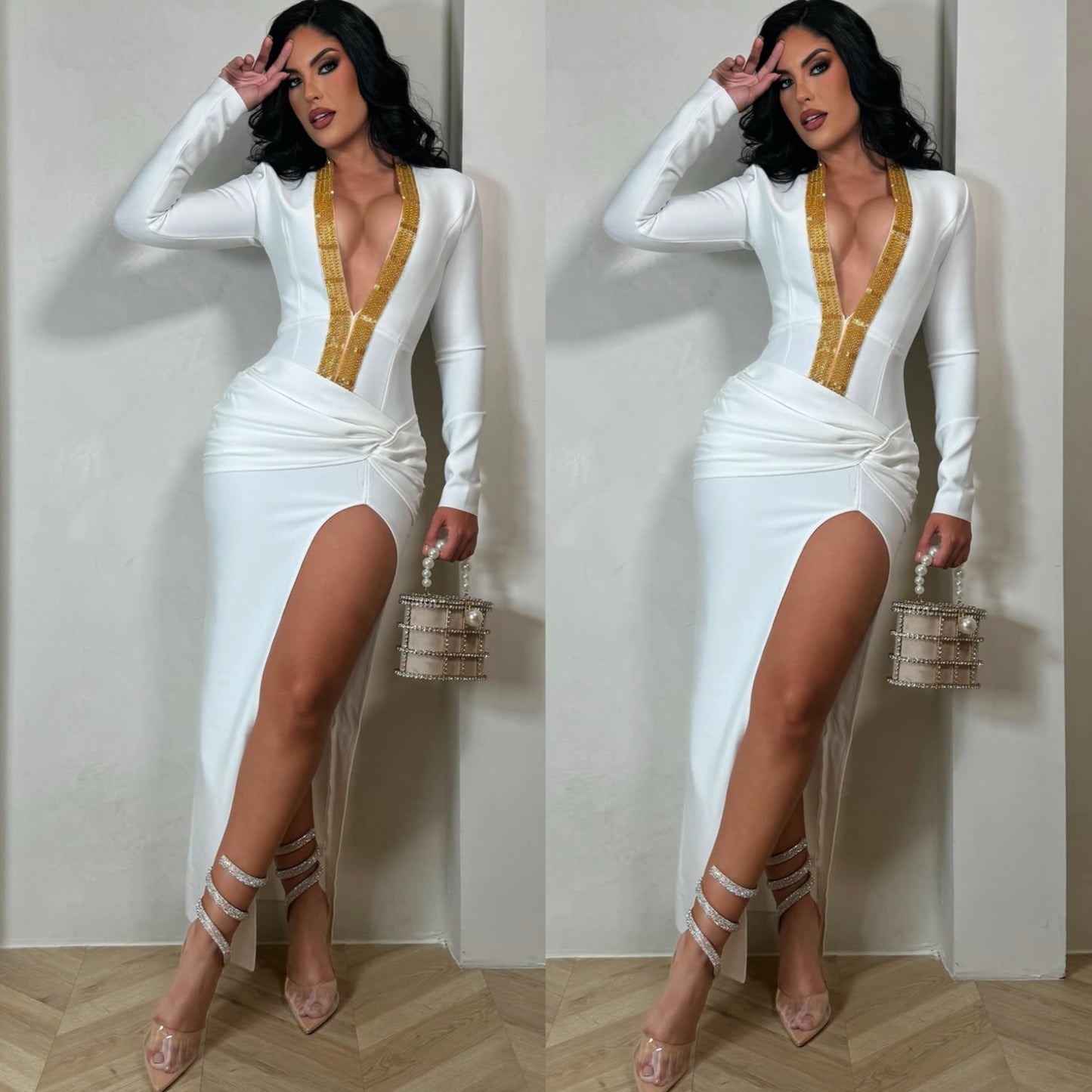 Vestido blanco y dorado bandage