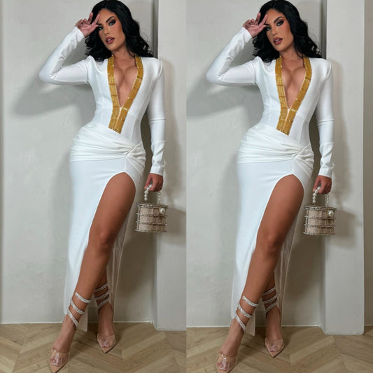 Vestido blanco y dorado bandage