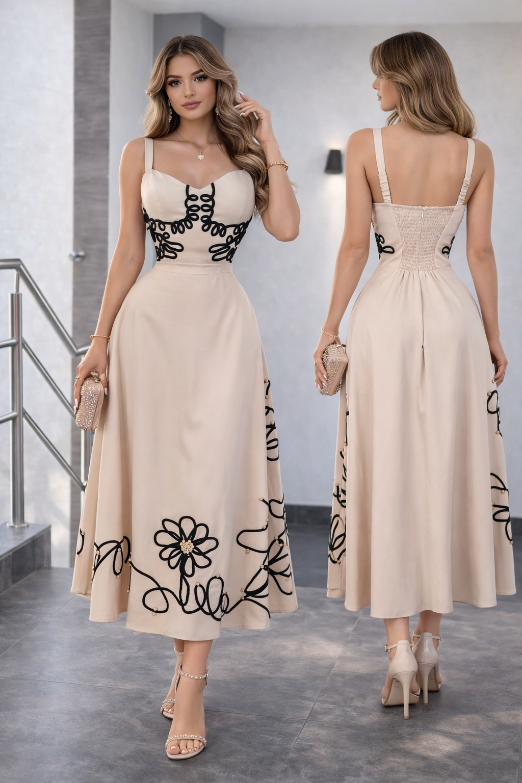 Vestido beige bordado negro ✨