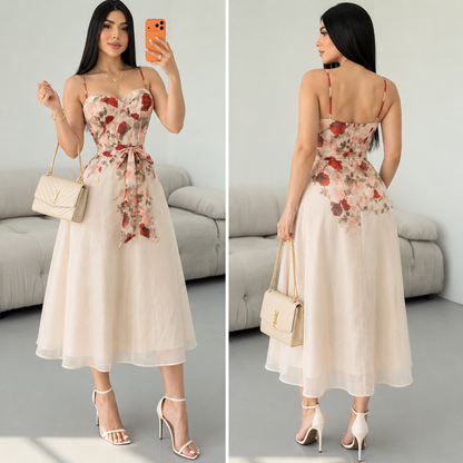 Vestido beige con rojo flores ✨🌹
