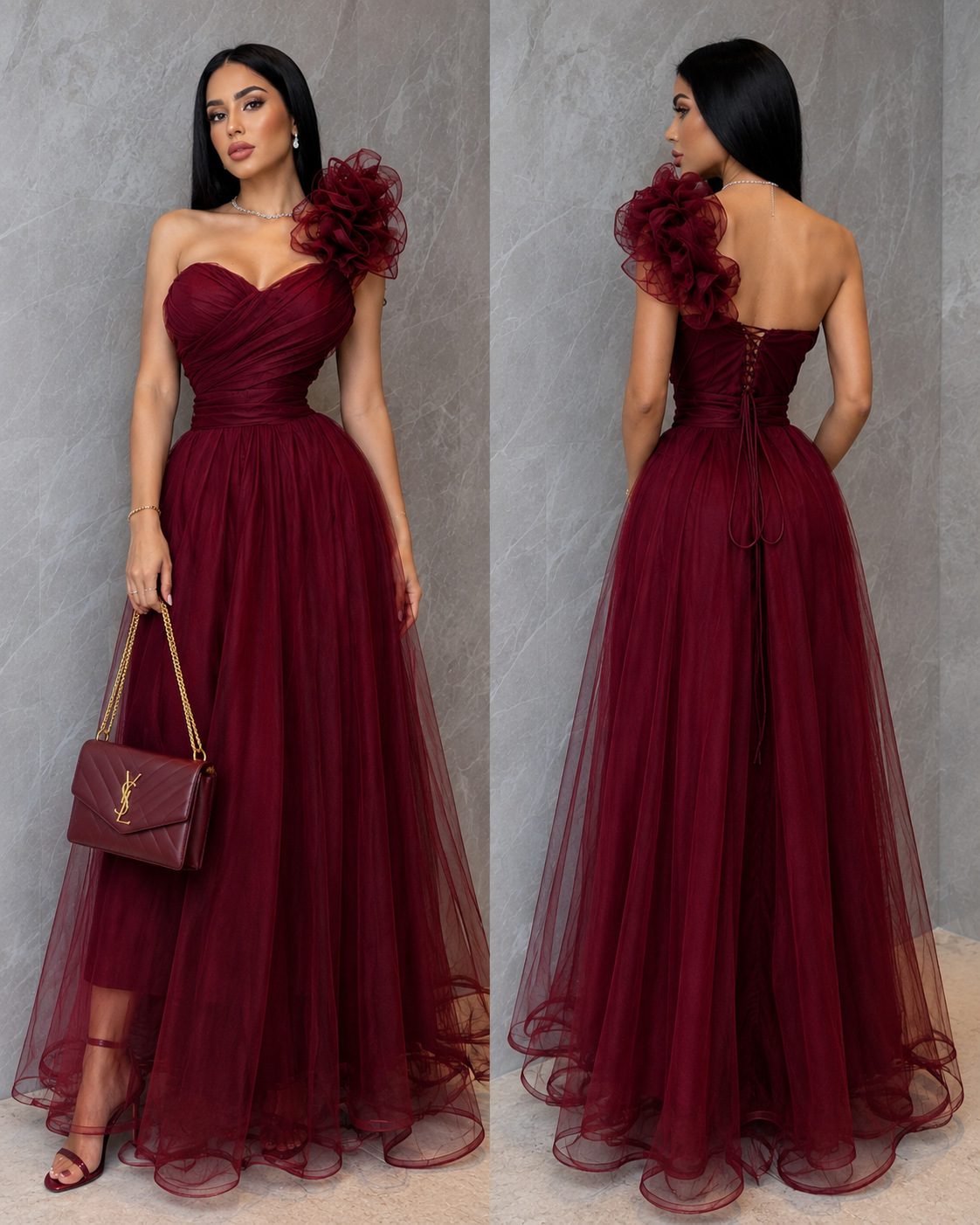 Vestido tinto tulle y escarola 🍷