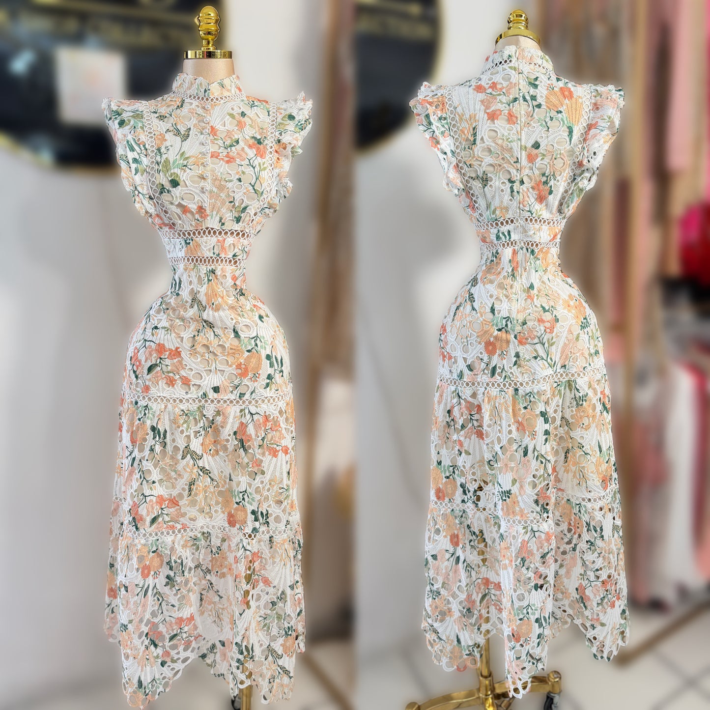 Vestido naranja/verde y blanco guipure 💚🧡
