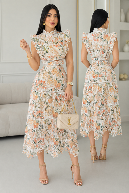 Vestido naranja/verde y blanco guipure 💚🧡