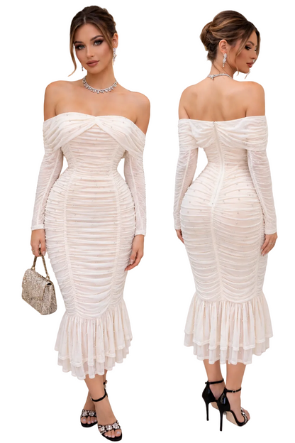 Vestido beige perlas mesh ✨