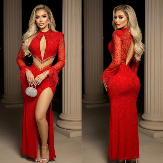 Vestido rojo plumas y pedrería ❤️