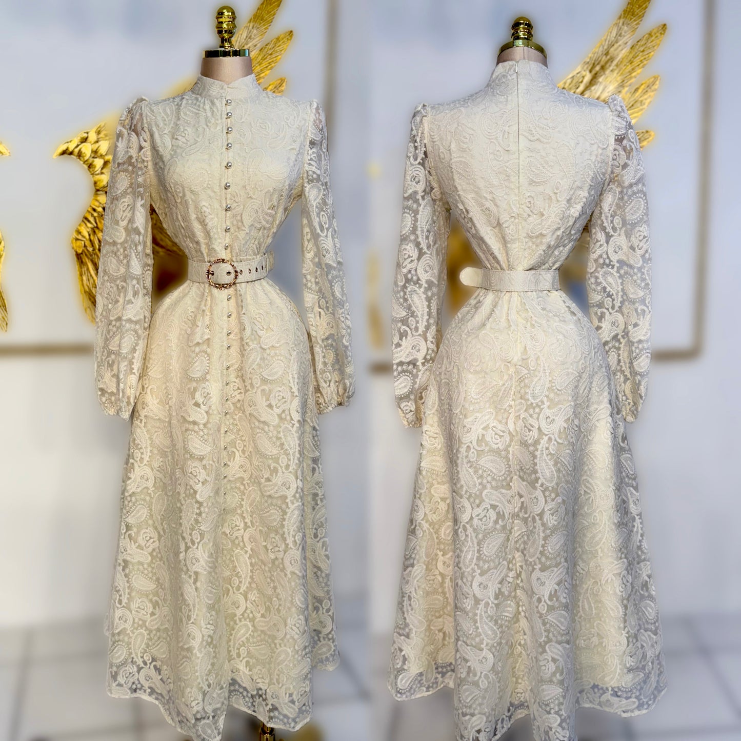 Vestido beige bordado cinto 🌟