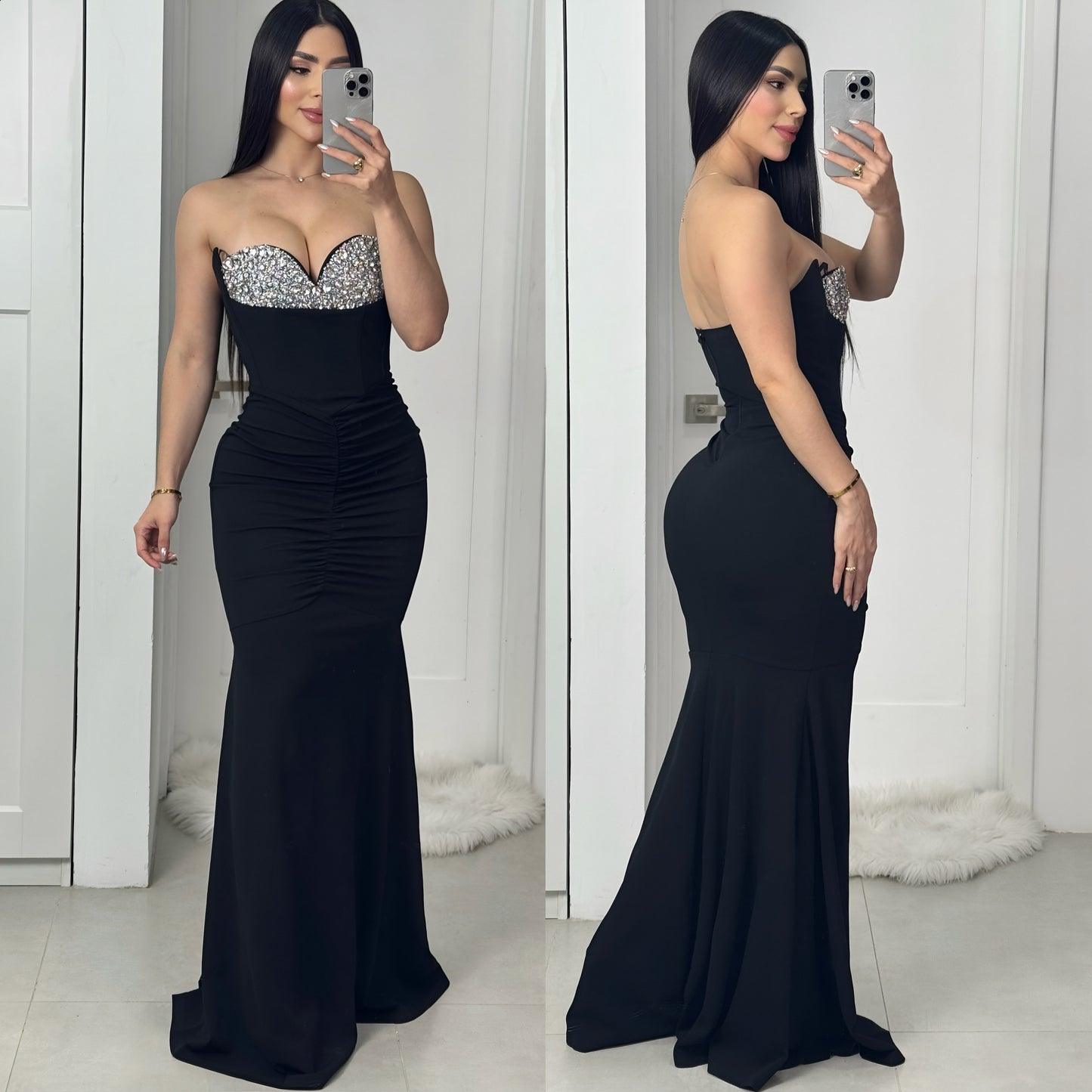 vestido negro strapless pedrería 🖤✨
