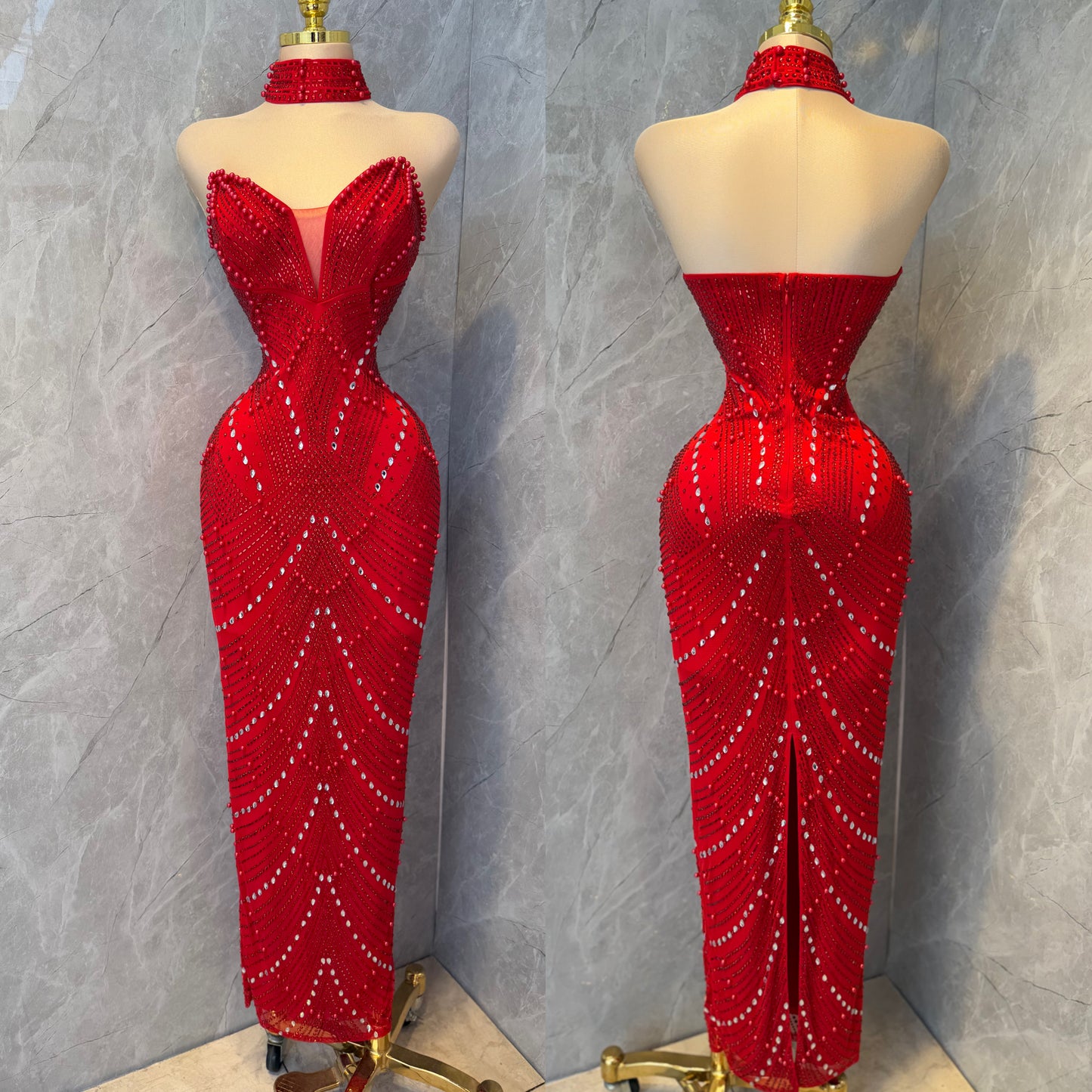 Vestido rojo perlas y pedrería collar ❤️
