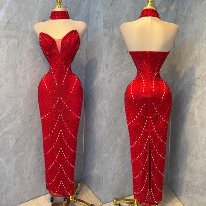Vestido rojo perlas y pedrería collar ❤️