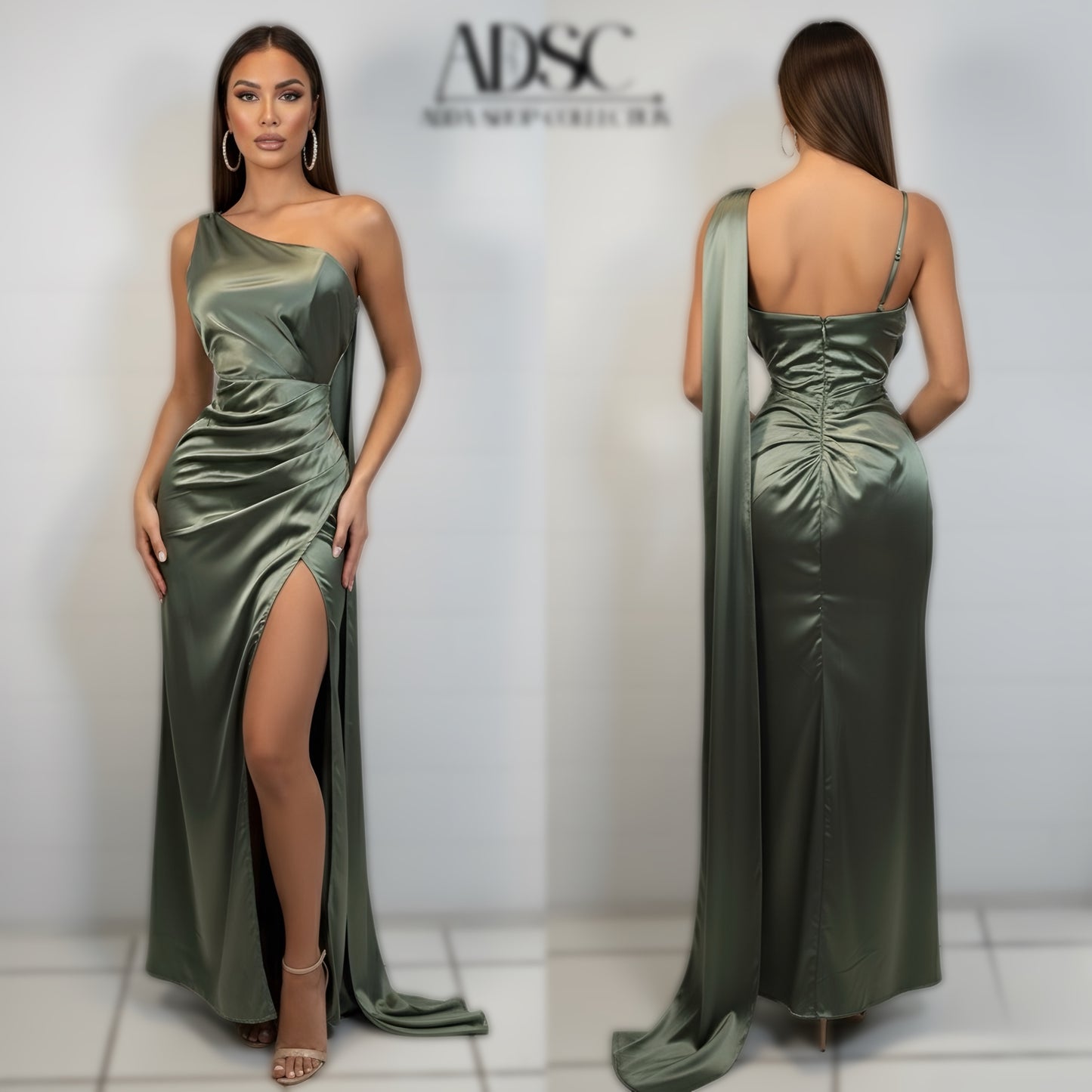 Vestido satín verde olivo 💚