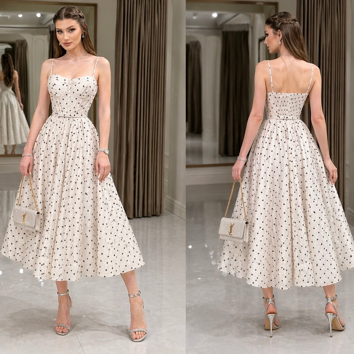 Vestido beige lunares con cinturón ✨