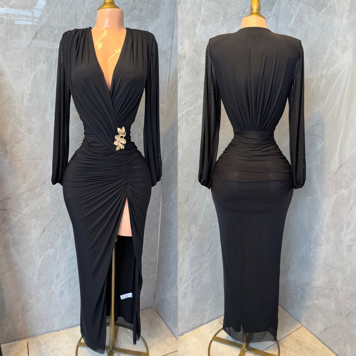 Vestido negro mesh broche dorado