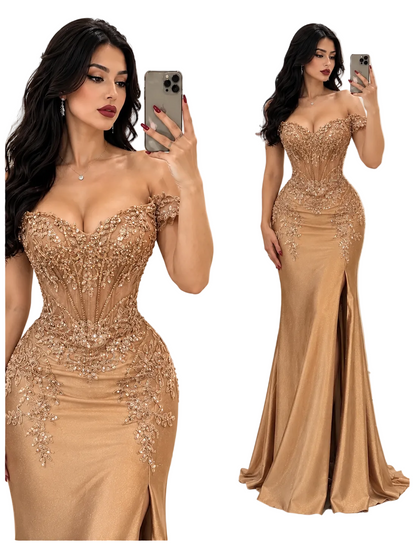 Vestido dorado corset glitter ✨