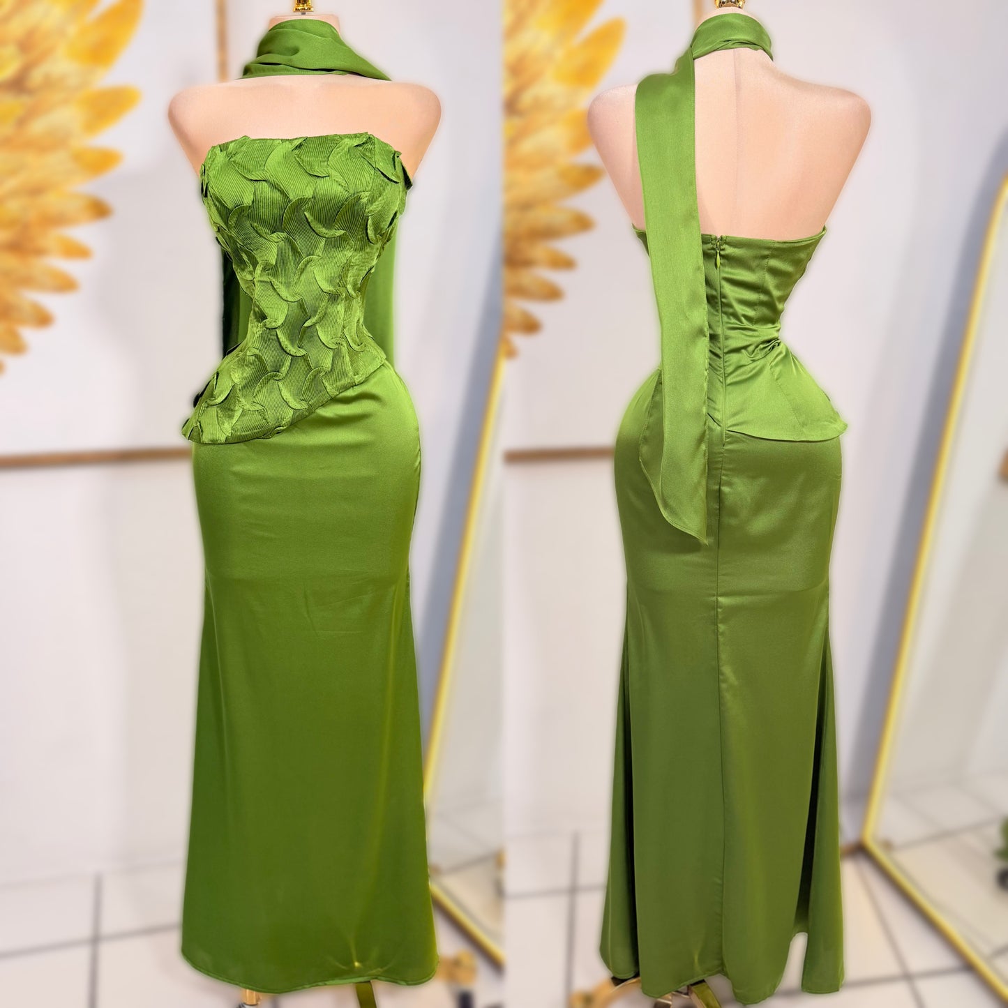 Vestido verde olivo satín 💚