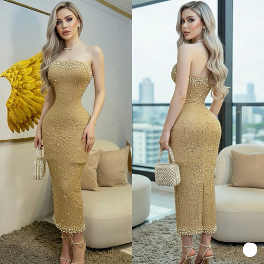 Vestido beige perlas y pedrería ✨