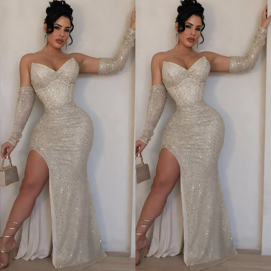 Vestido champagne mangas