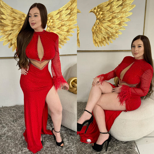 Vestido rojo pedrería y plumas ❤️