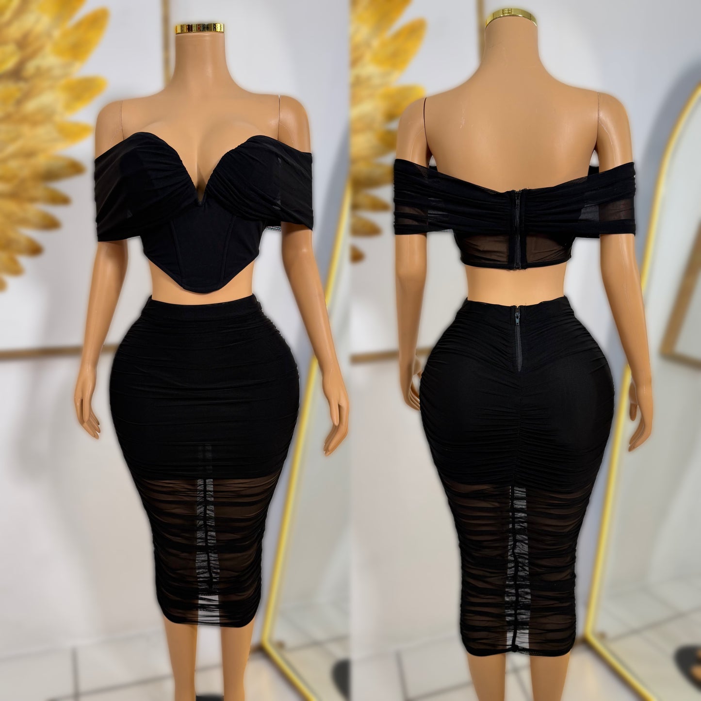 Conjunto negro top y falda mesh 🖤