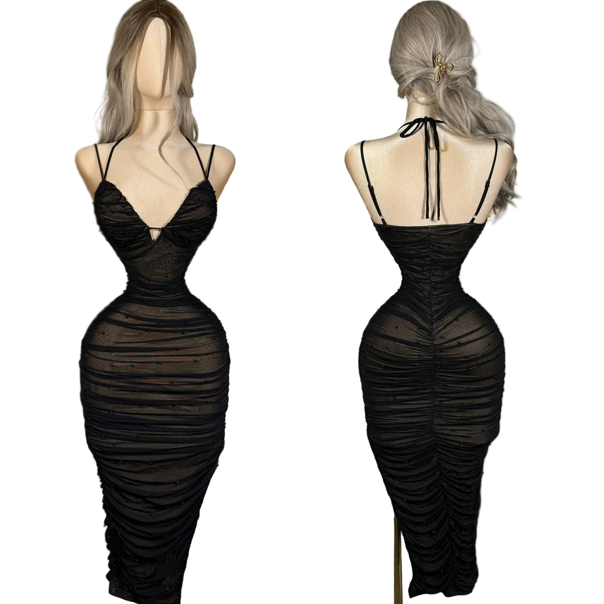 Vestido negro perlas mesh 🖤