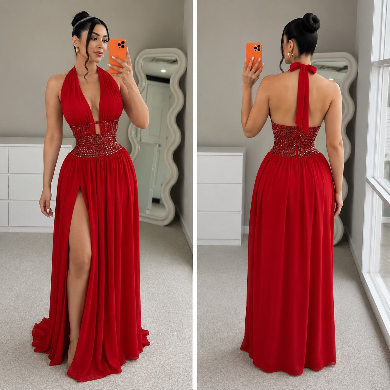 Vestido rojo pedrería cuello halter ❤️