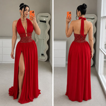 Vestido rojo pedrería cuello halter ❤️